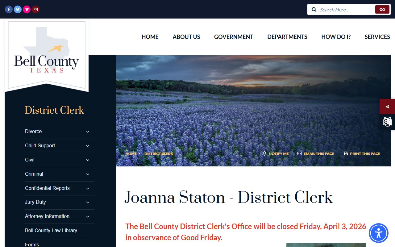 Bell County District Clerk criminal records and background check page