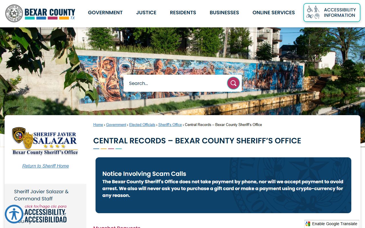 Bexar County Central Records for background check and arrest records