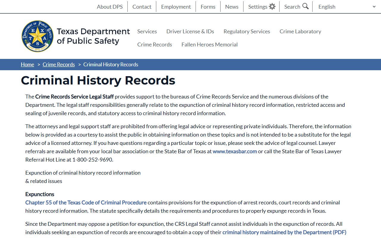Texas DPS criminal history records page - Texas background check