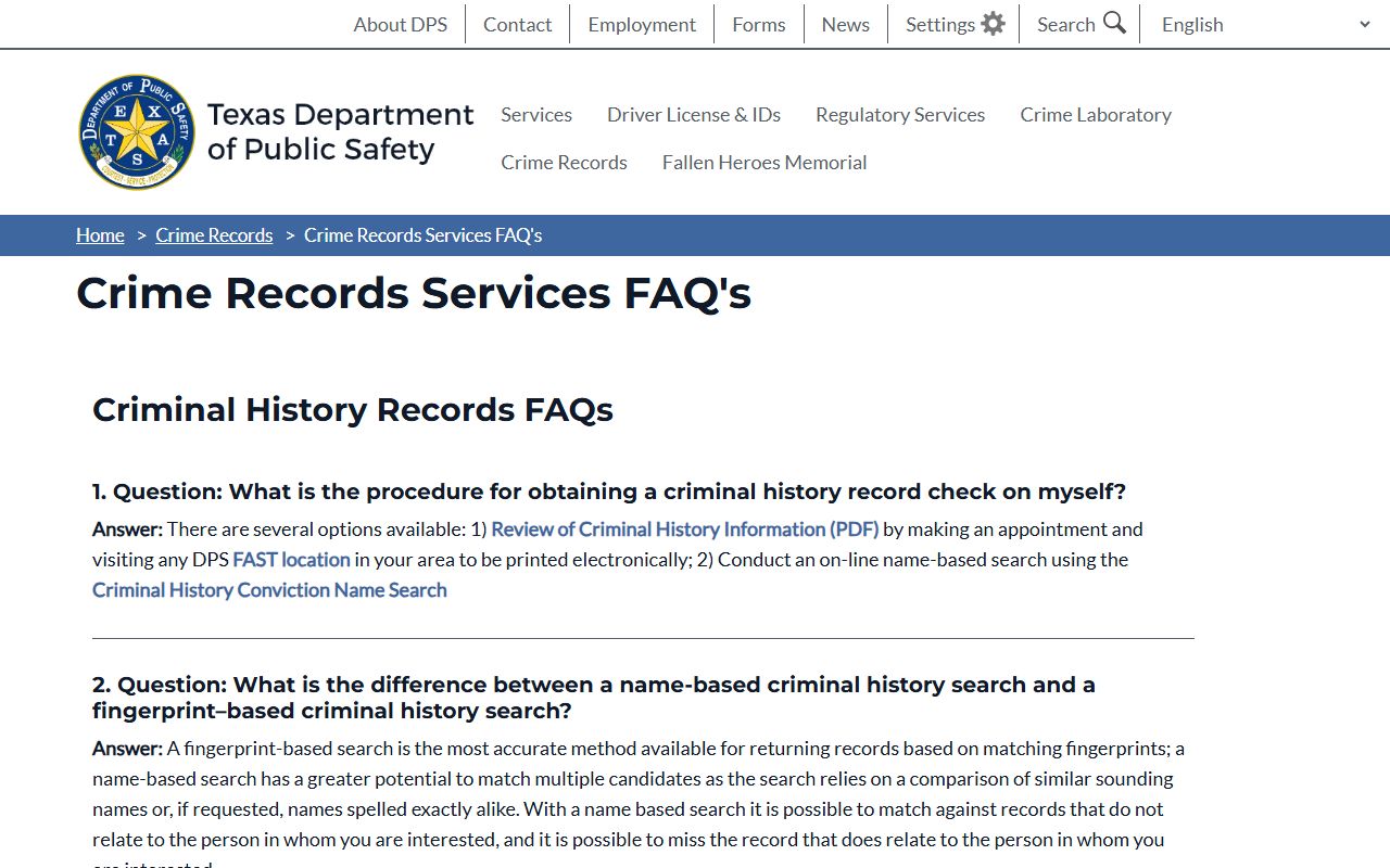 Texas DPS criminal history FAQ - Texas background check records
