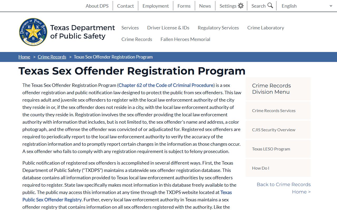 Texas DPS sex offender registration program - background check records